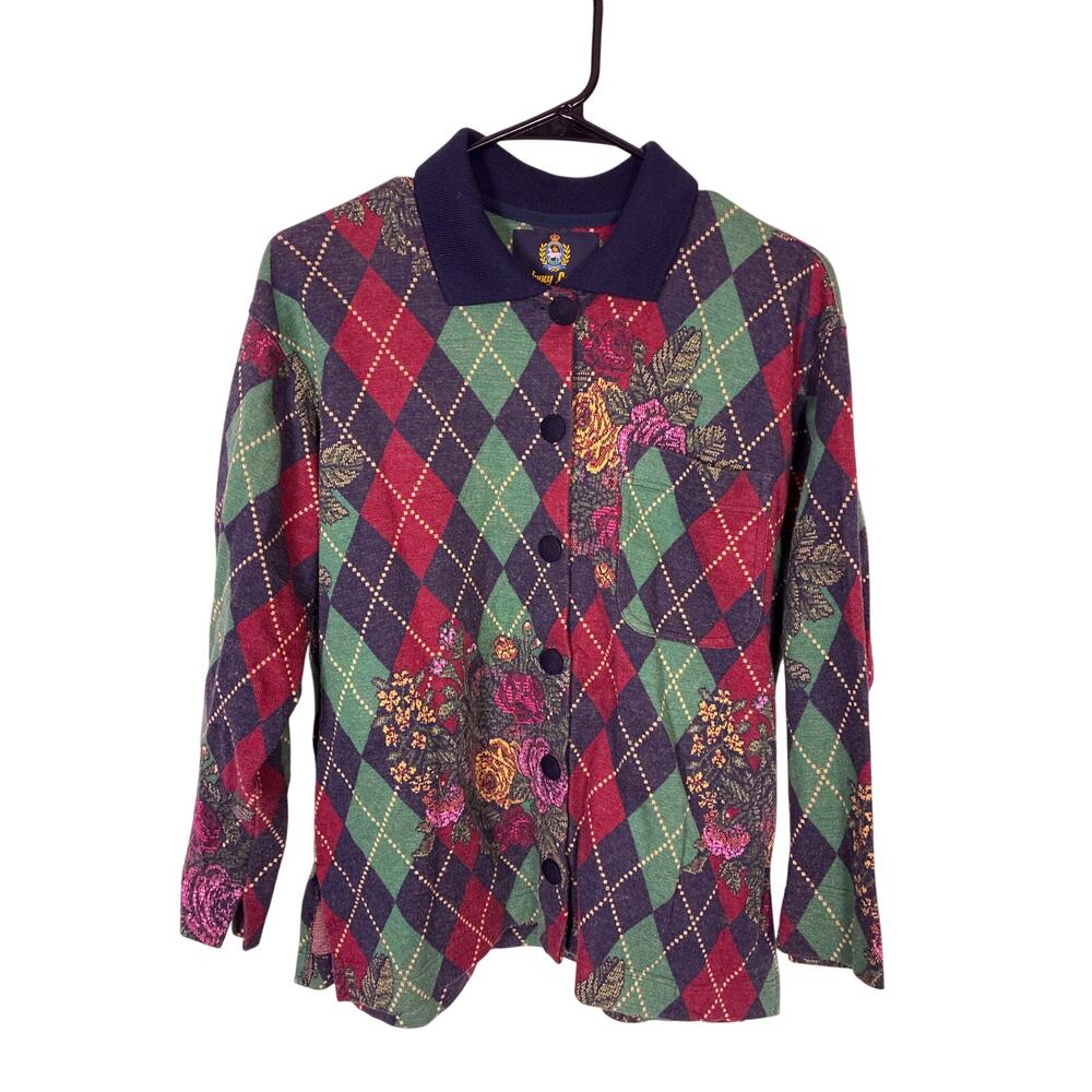 Vintage Knit Collared Cardigan Mens Small 44 Argyle Rose Pattern Button